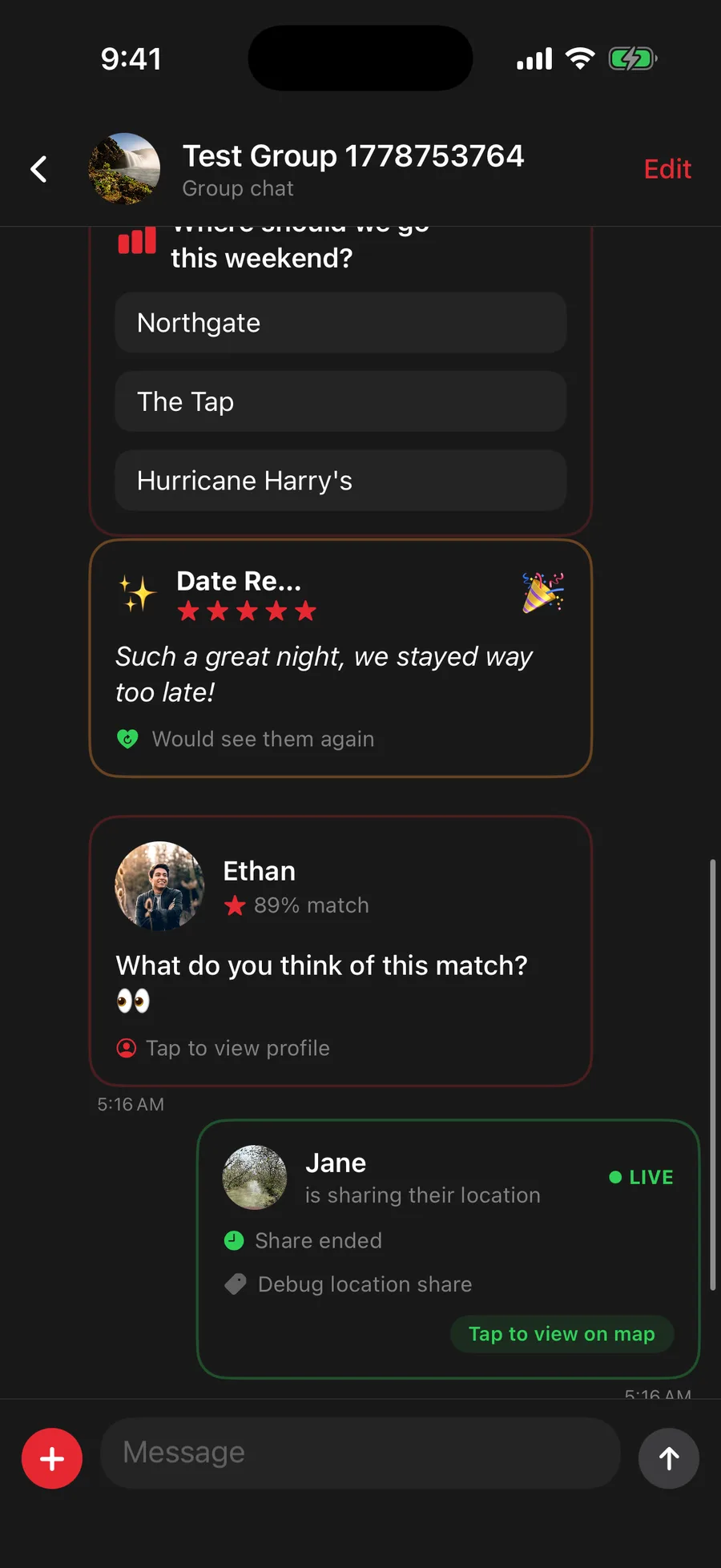 Polls, recaps, and shared profiles in a Tango friend group