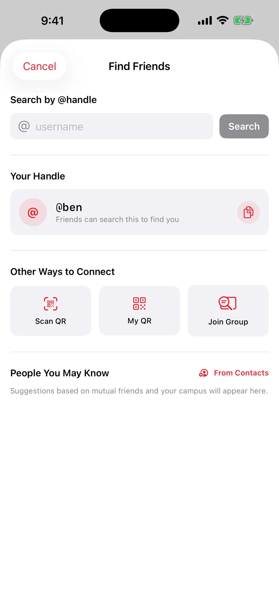 Find Friends in Tango: handle search, QR codes, and suggestions