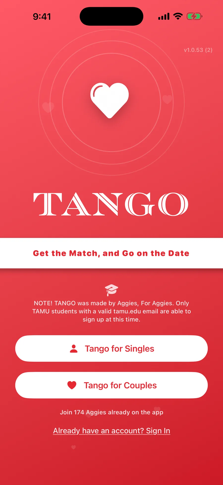 Tango welcome screen — choose Singles or Couples